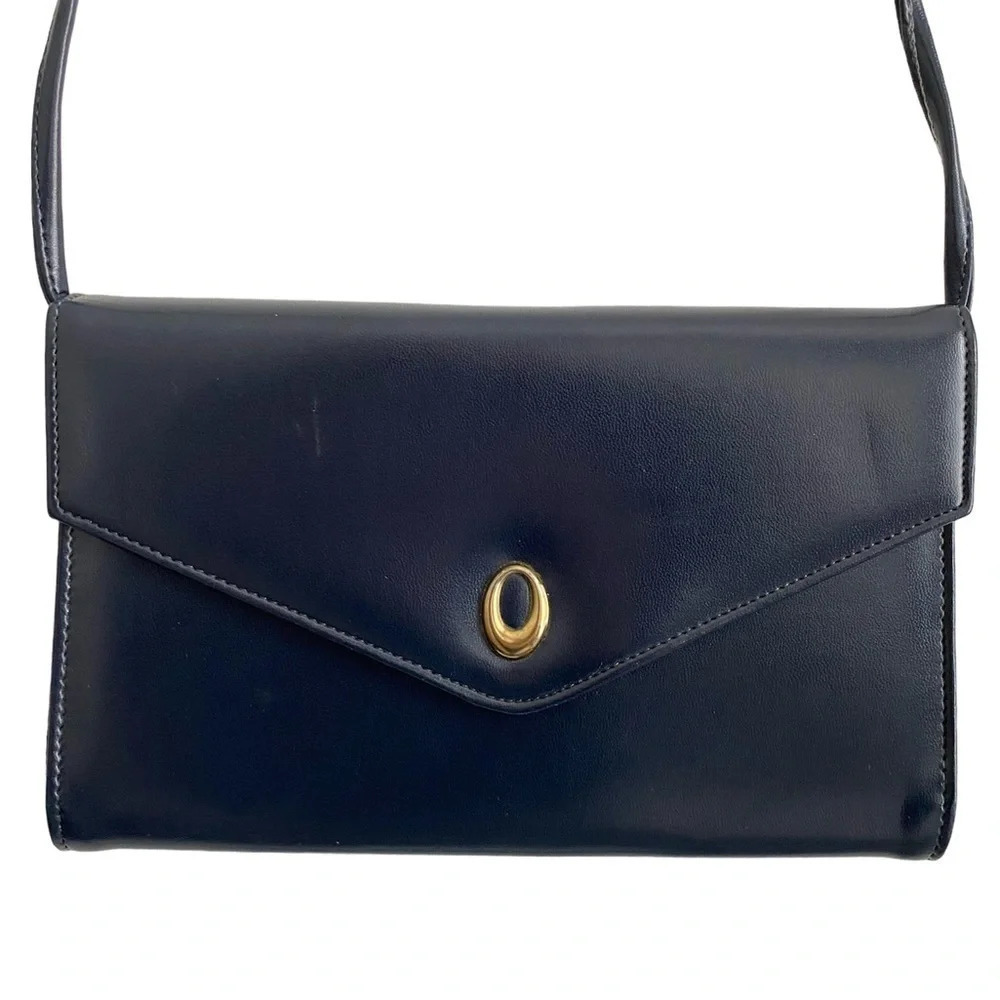 VINTAGE Navy Blue Gold Leather Envelope Purse Clutch